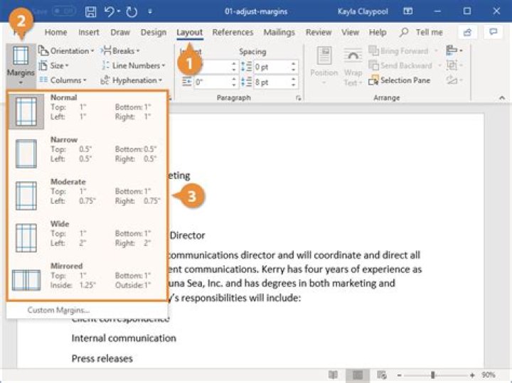 What is the default top margin in MS Word?